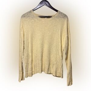 Eileen Fisher Sweater Womens Small Yellow Linen Cotton Ribbed Knit Pullover Top